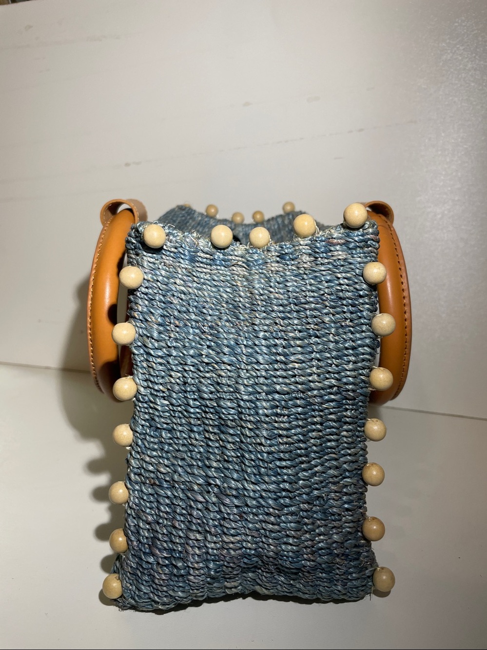 ARNAZ Philippines Blue Woven Straw Handbag Mini Tote Leather Ring Handles Beads - Picture 12 of 14